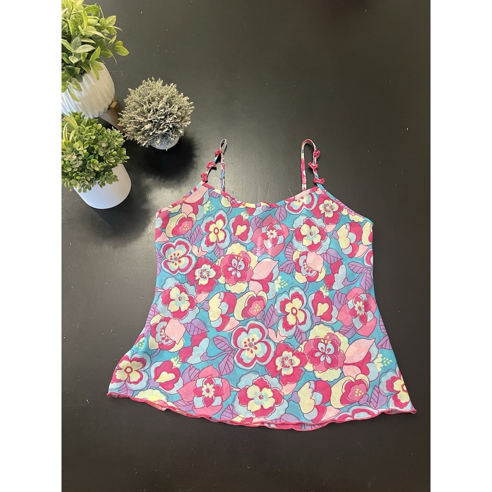 Josie Natori Y2k Blue Pink Sheer Lettuce Trim Groovy Floral PJ Lingerie Cami S